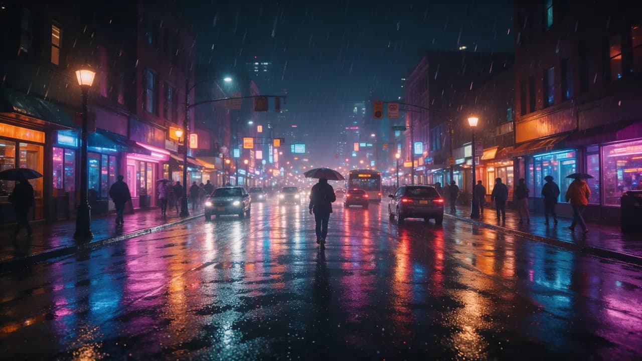 Eine regennasse Stadtstraße bei Nacht mit Neonspiegelungen und einem Passanten unter dem Schirm