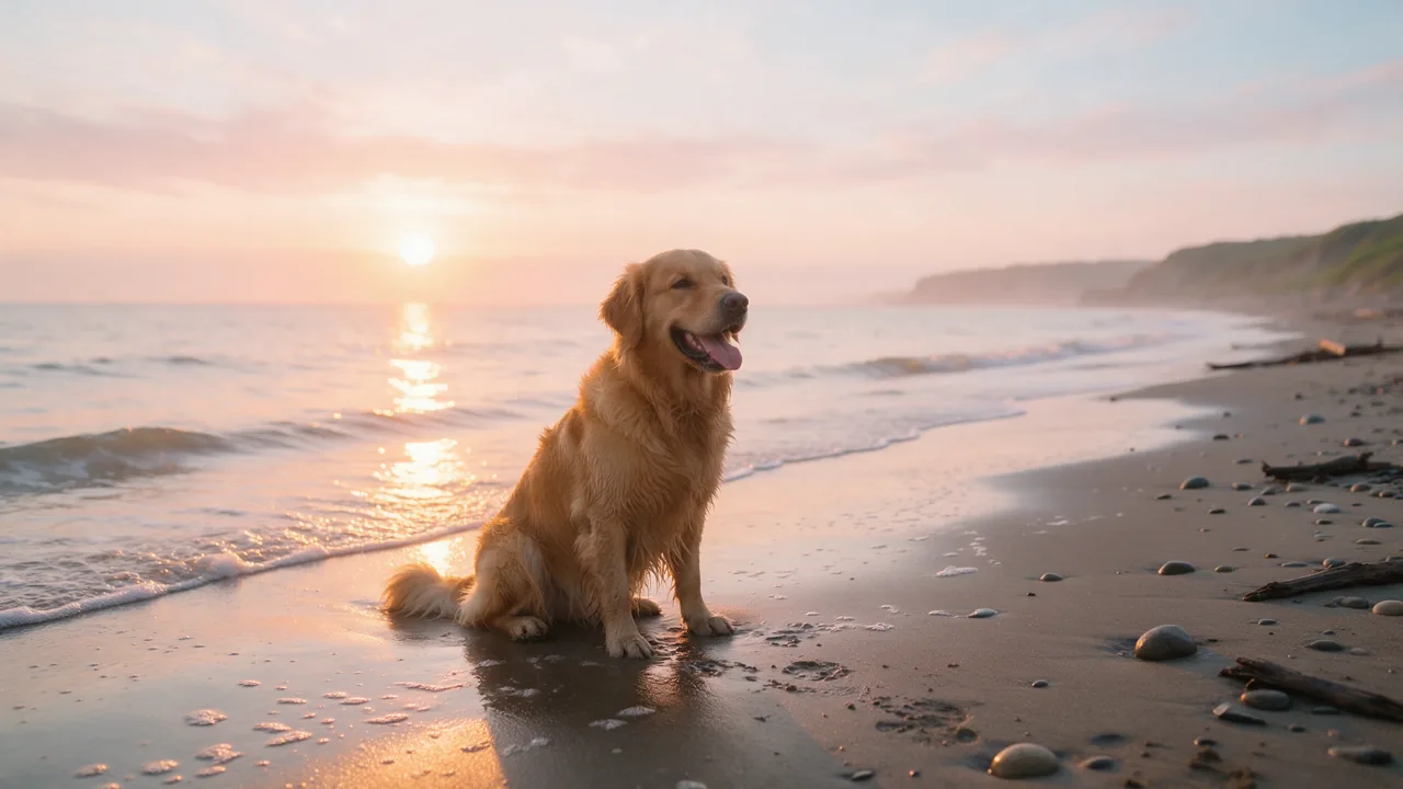 Ein Golden Retriever sitzt bei Sonnenaufgang an einem nassen Strand