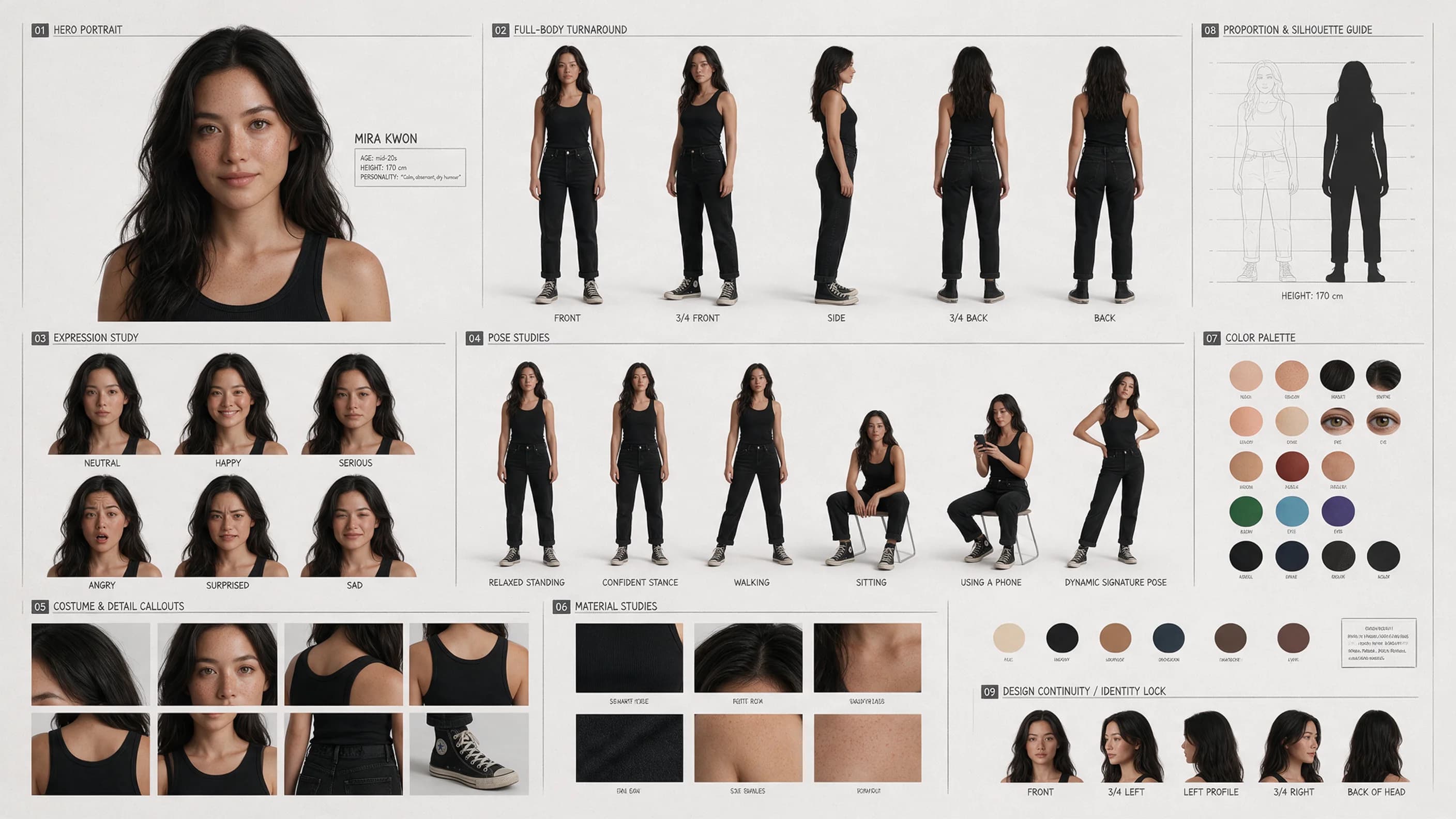 A character sheet: front portrait, three-angle turnaround, six expression studies, colour palette, wardrobe and accessories