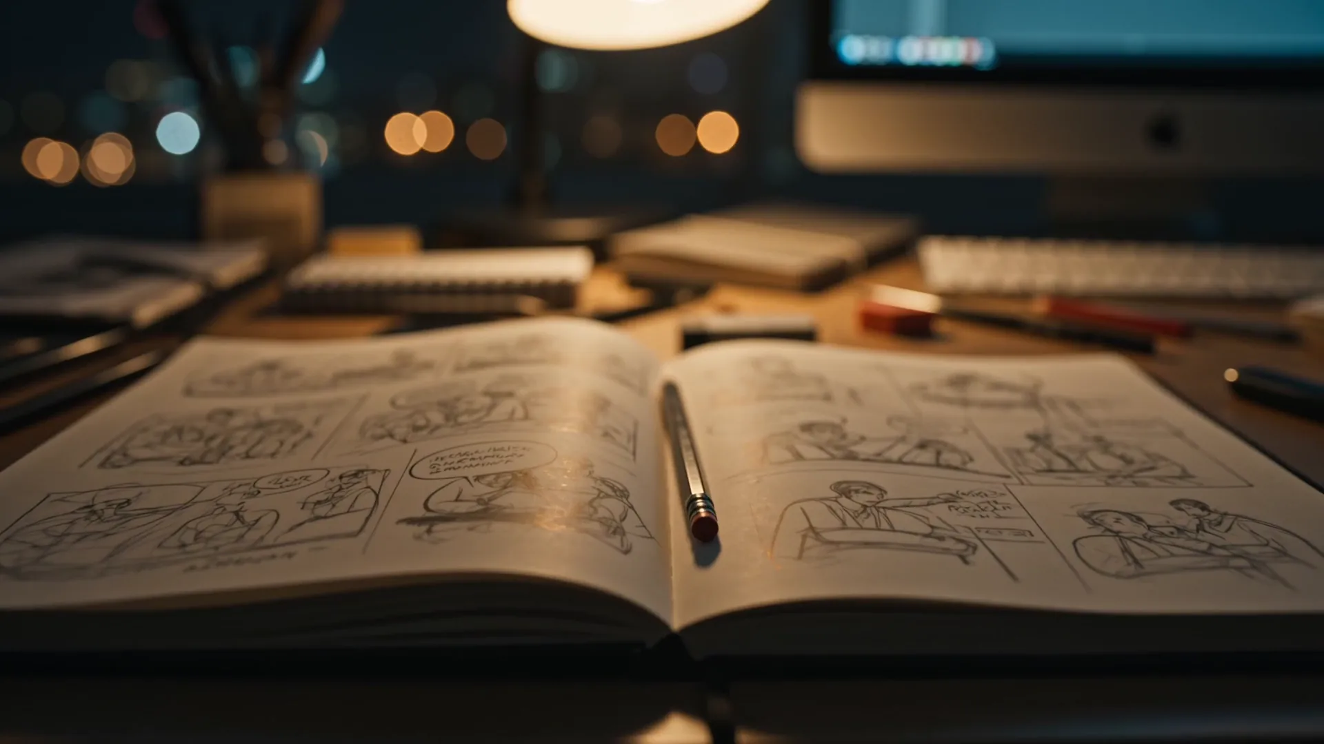 A desk at night lit by one warm lamp — an open sketchbook of storyboard panels, headphones, a MIDI keyboard, a camera body and a steaming mug, city lights soft behind