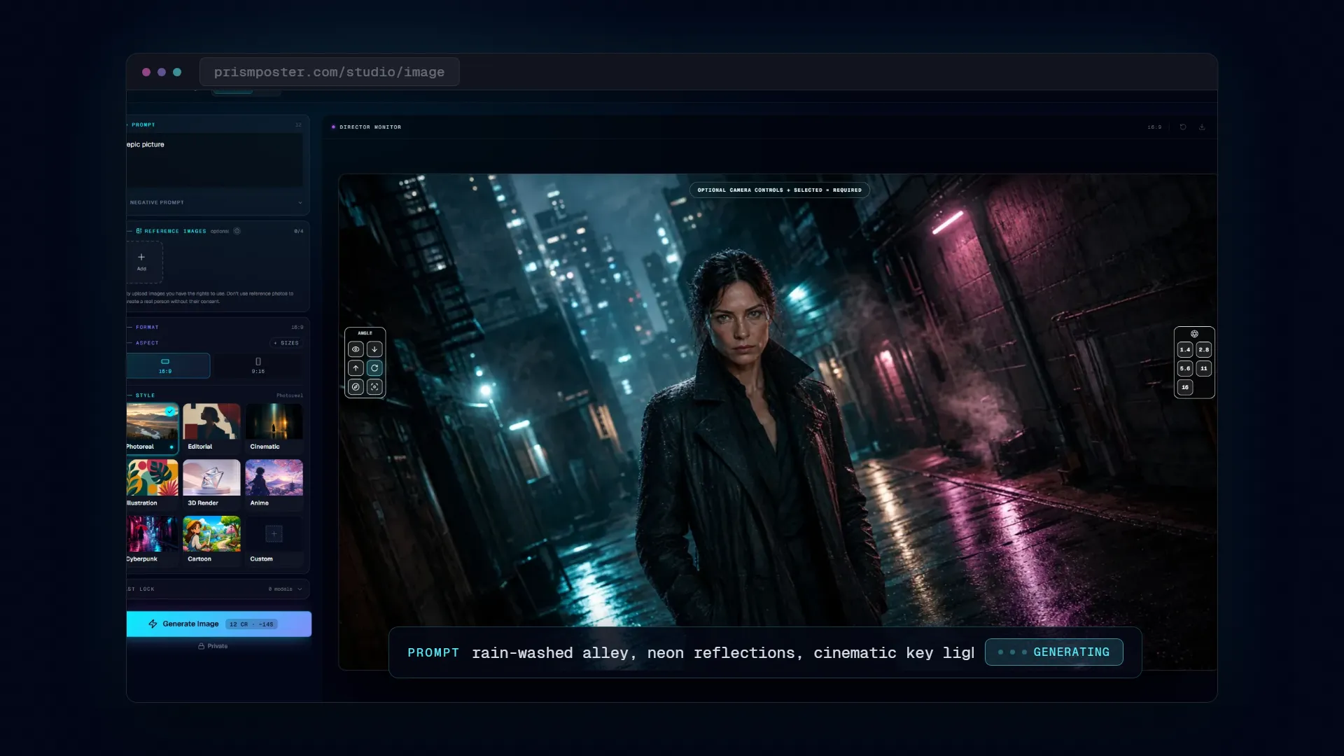 PrismPoster Image Studio: a prompt and style presets beside the Director monitor with camera angle and aperture controls