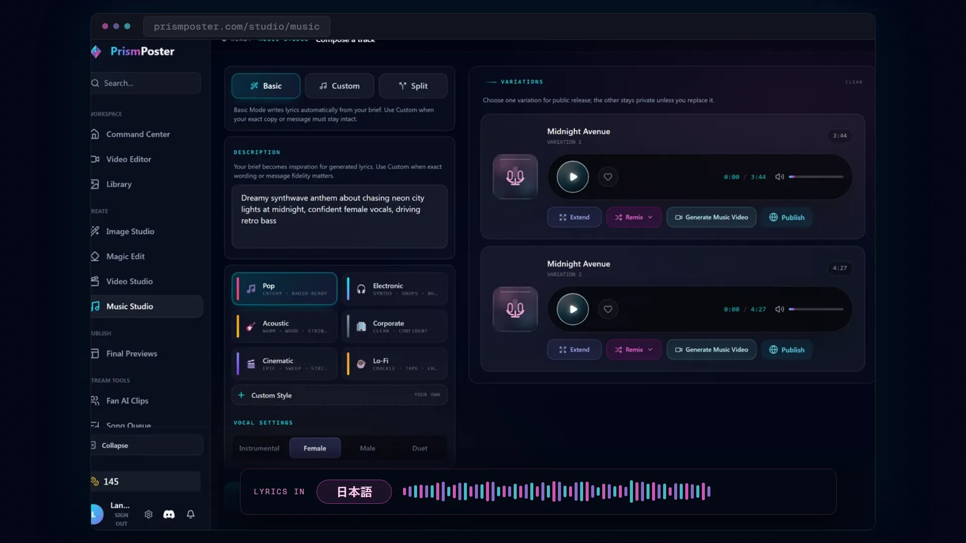 PrismPoster Music Studio with a brief, styles, vocal settings, and generated track variations