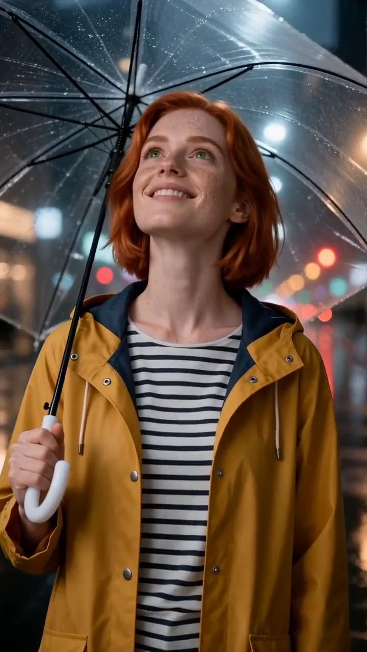 A woman with a copper-red bob and a yellow raincoat under a clear umbrella on a rainy street