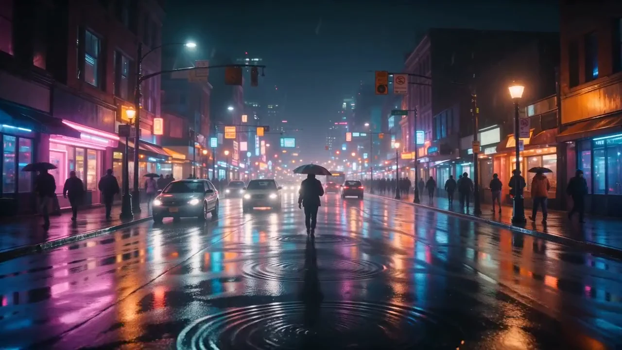 A rainy neon street at night with a figure under an umbrella