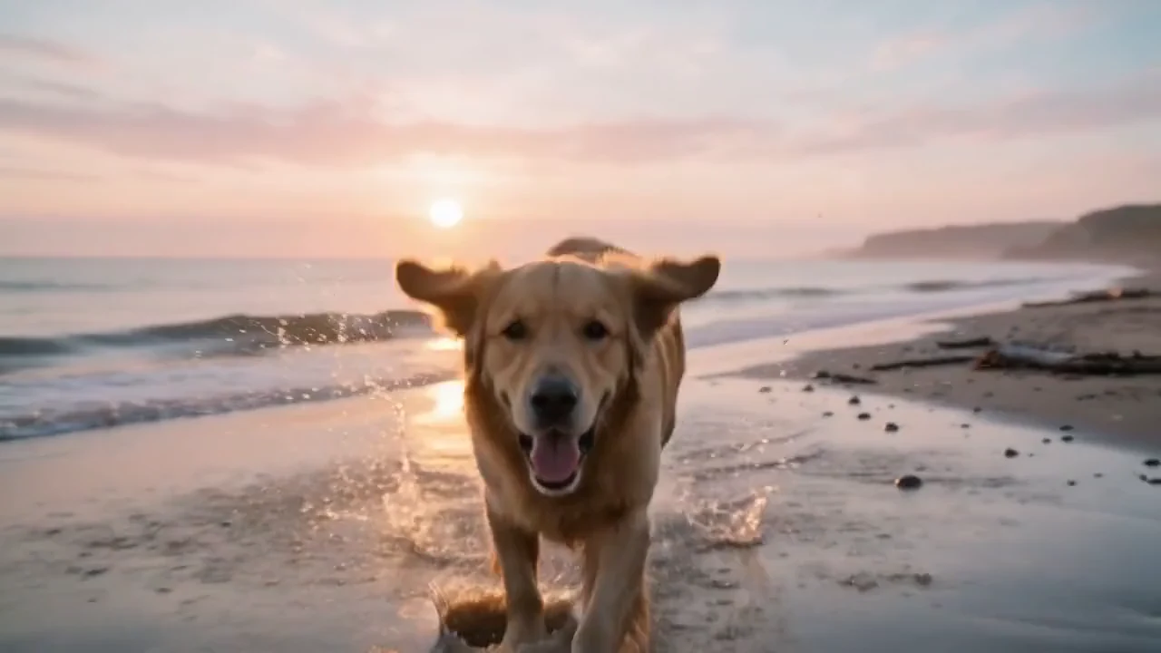 A golden retriever on a beach at sunrise