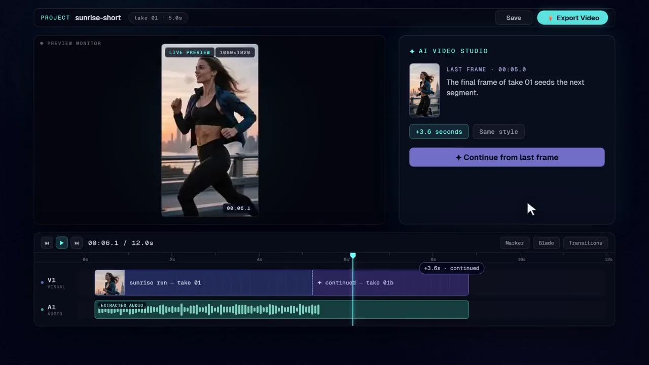 The PrismPoster editor: a clip playing, the option to continue from its last frame, and a timeline with its audio