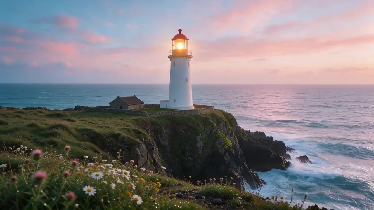 A white lighthouse on a flowering clifftop above the sea at dusk
