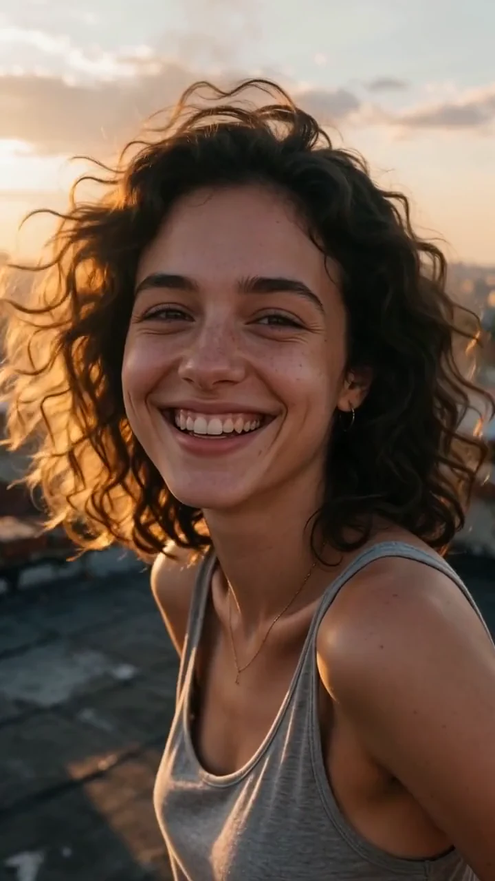 A young woman with curly hair on a rooftop at sunset