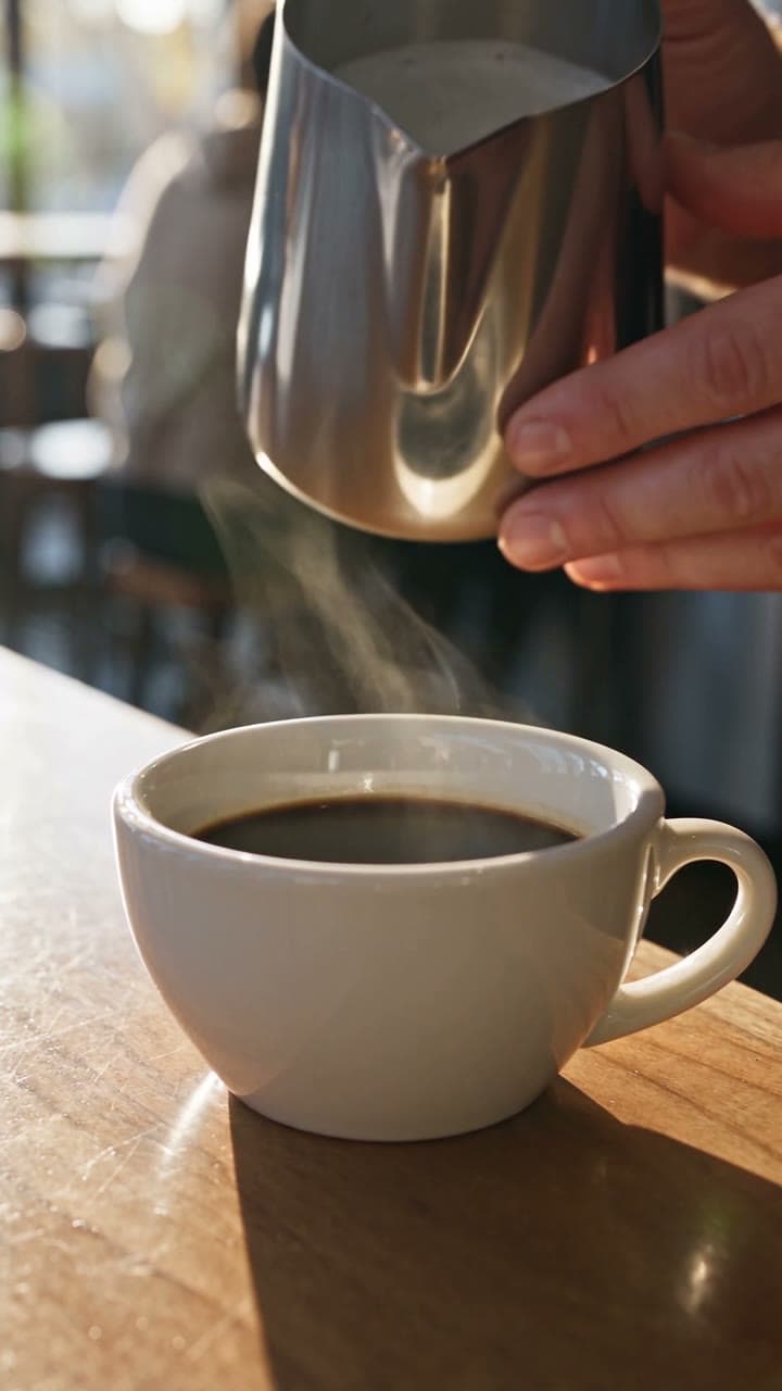 Milk poured from a steel jug toward a steaming cup of black coffee on a sunlit café table, rendered on the Premium engine