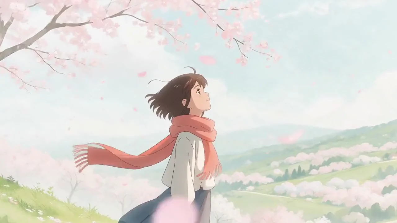Una ragazza illustrata sotto i ciliegi in fiore mentre i petali volteggiano nel vento, animata da un dipinto