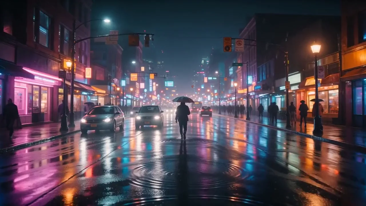 Una strada di città piovosa di notte con riflessi al neon mentre la camera avanza, animata da una foto