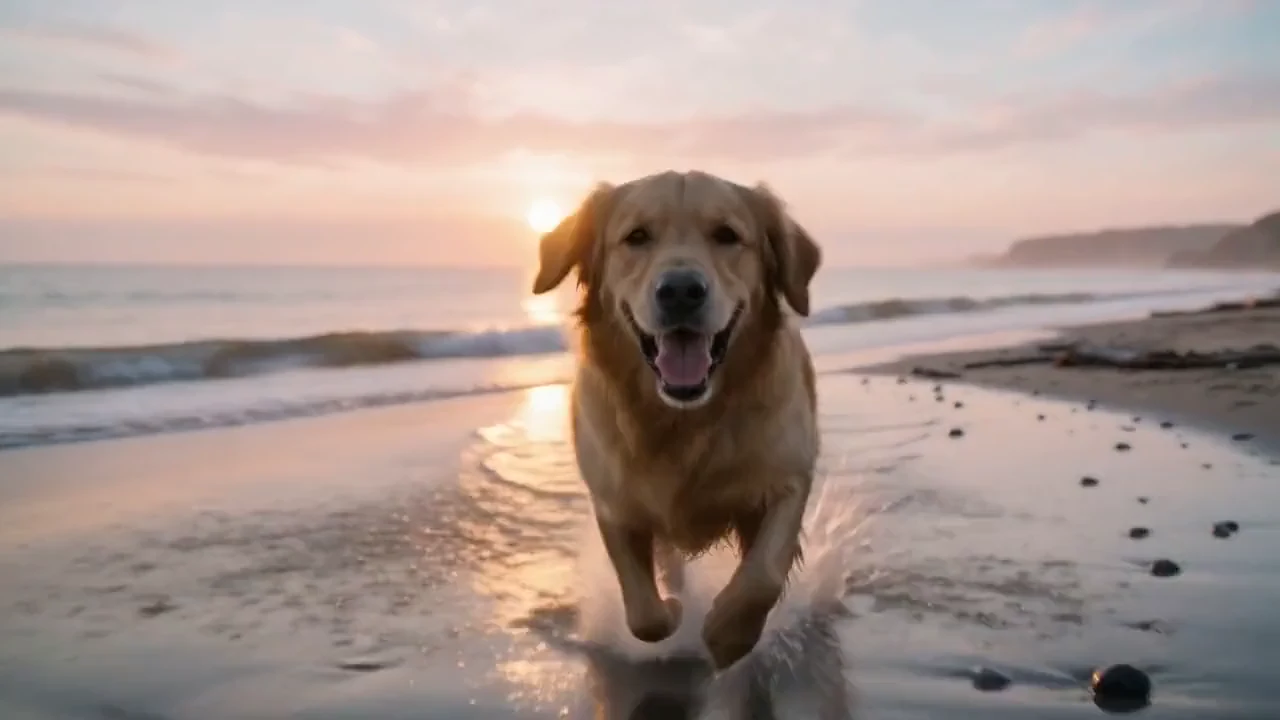 Un golden retriever corre verso la camera nell’acqua bassa all’alba, animato da una foto