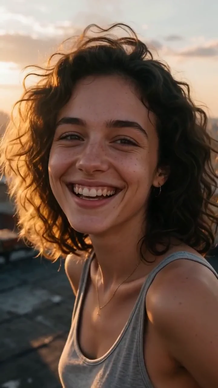 Una giovane donna dai capelli ricci ride su un tetto all’ora d’oro, animata da una foto