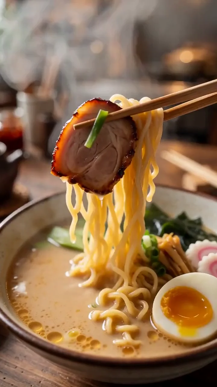 Chopsticks lifting noodles from a bowl of ramen on a wooden kitchen counter