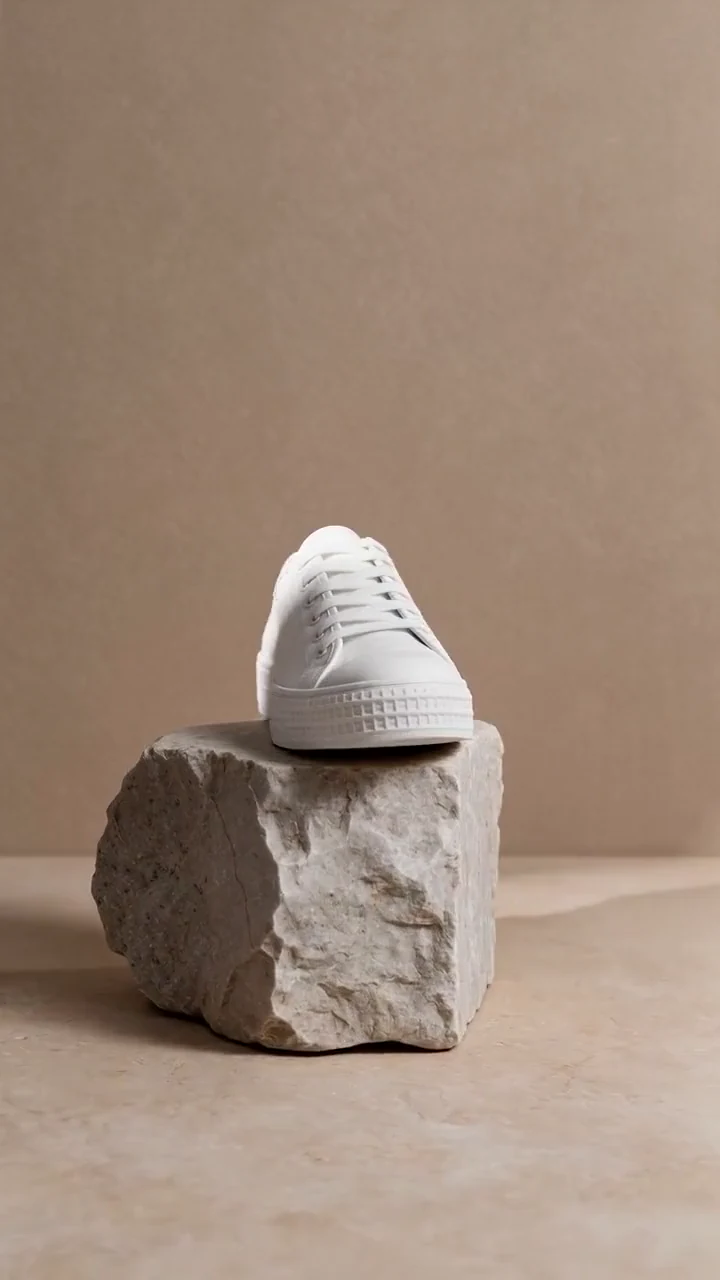 A white canvas sneaker on a rough stone plinth against a beige backdrop