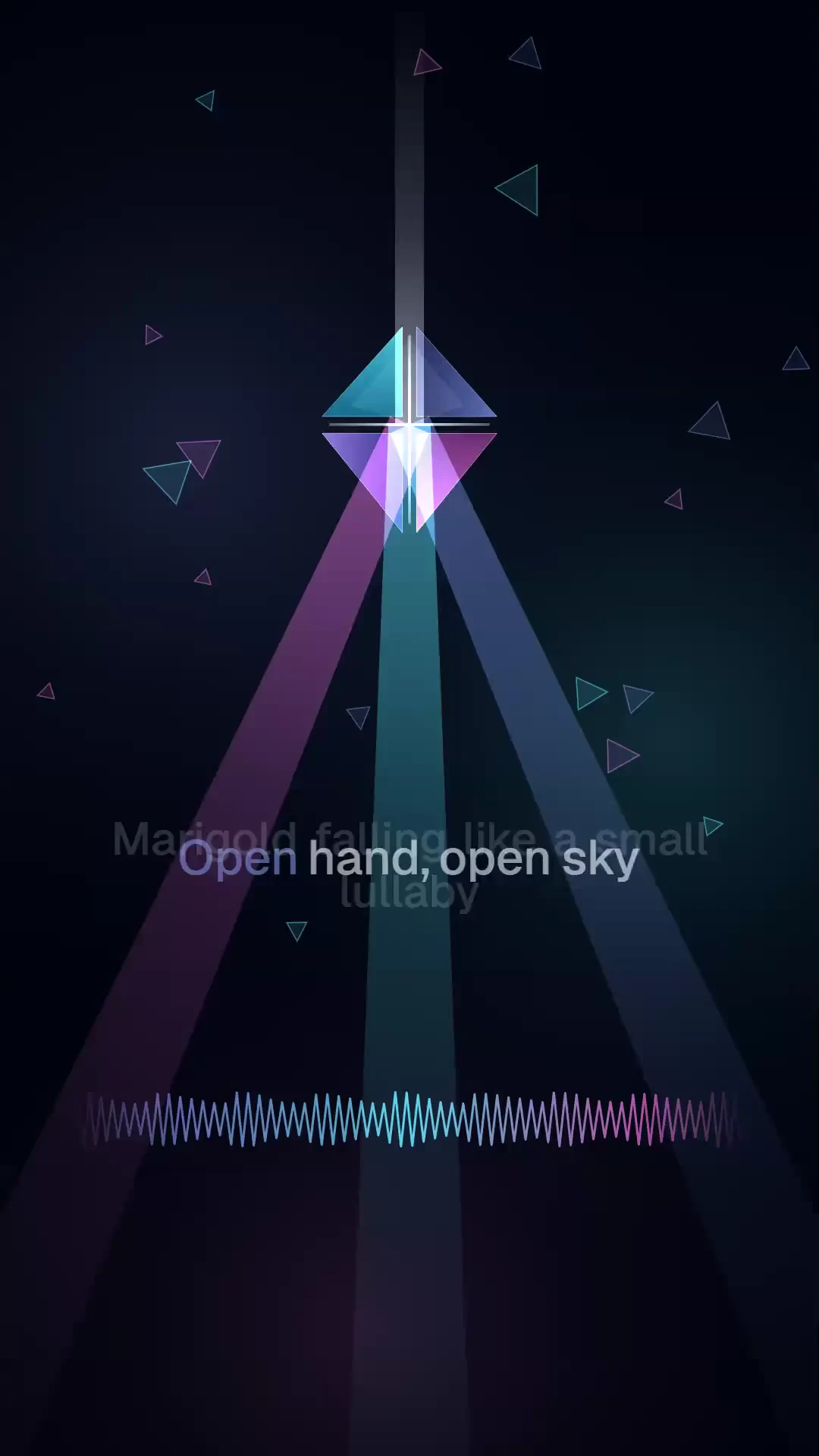 A vertical lyric video: a glowing prism in blue and pink light, one line of the lyrics and the song’s player bar