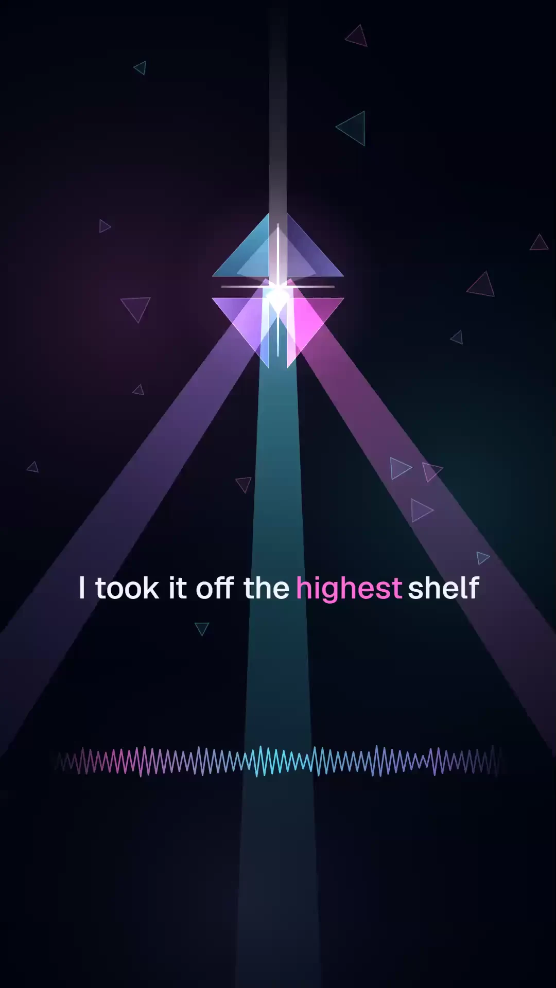 A vertical lyric video: a glowing prism in violet light, one line of the lyrics and the song’s player bar
