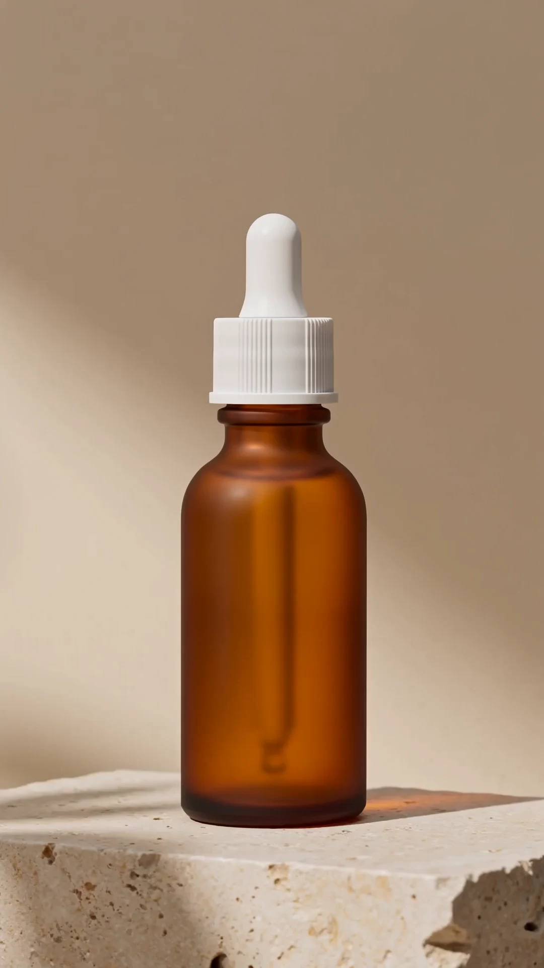 An amber dropper bottle on a travertine block in warm side light