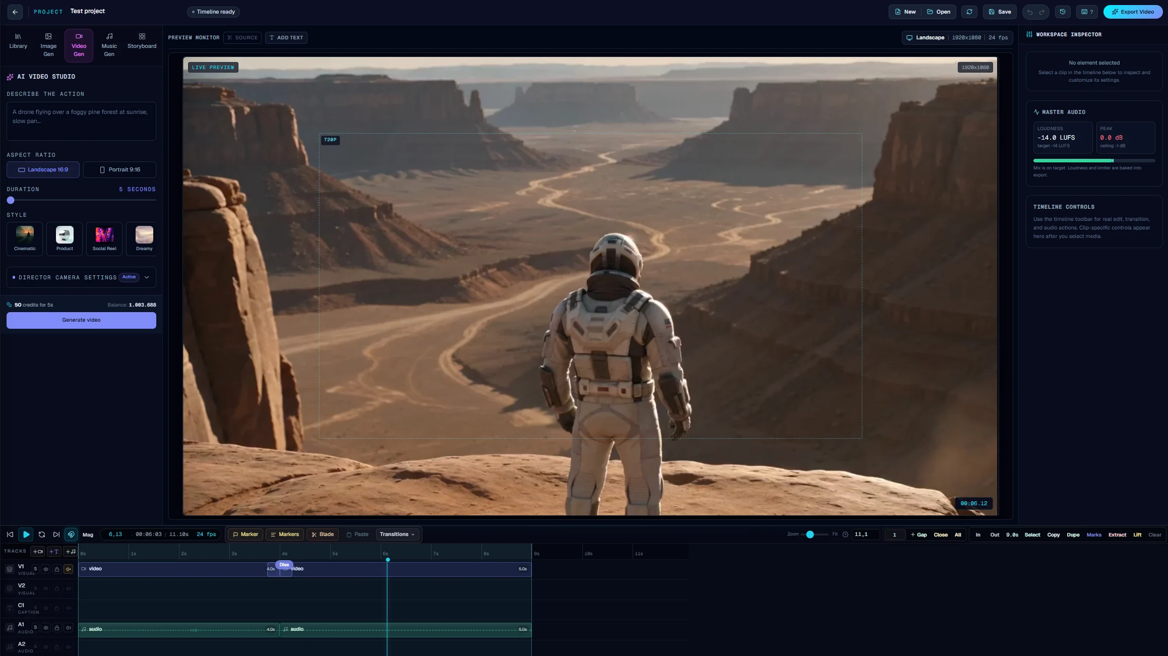 PrismPoster timeline editor: generators live inside the editor and new media lands at the playhead